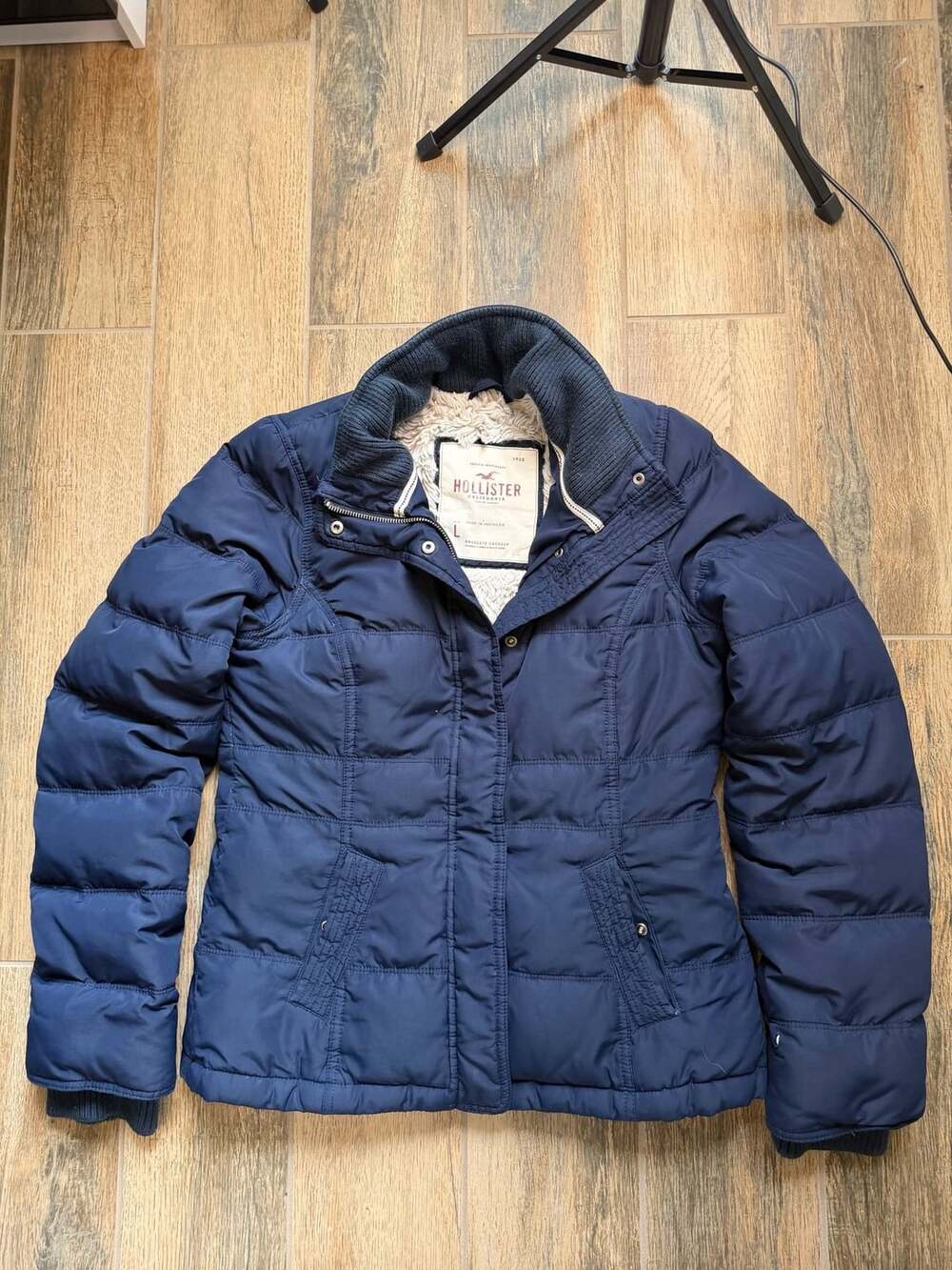 Y2K Hollister Puffer Jacket Size L Navy Faux Fur Lined Winter Coat